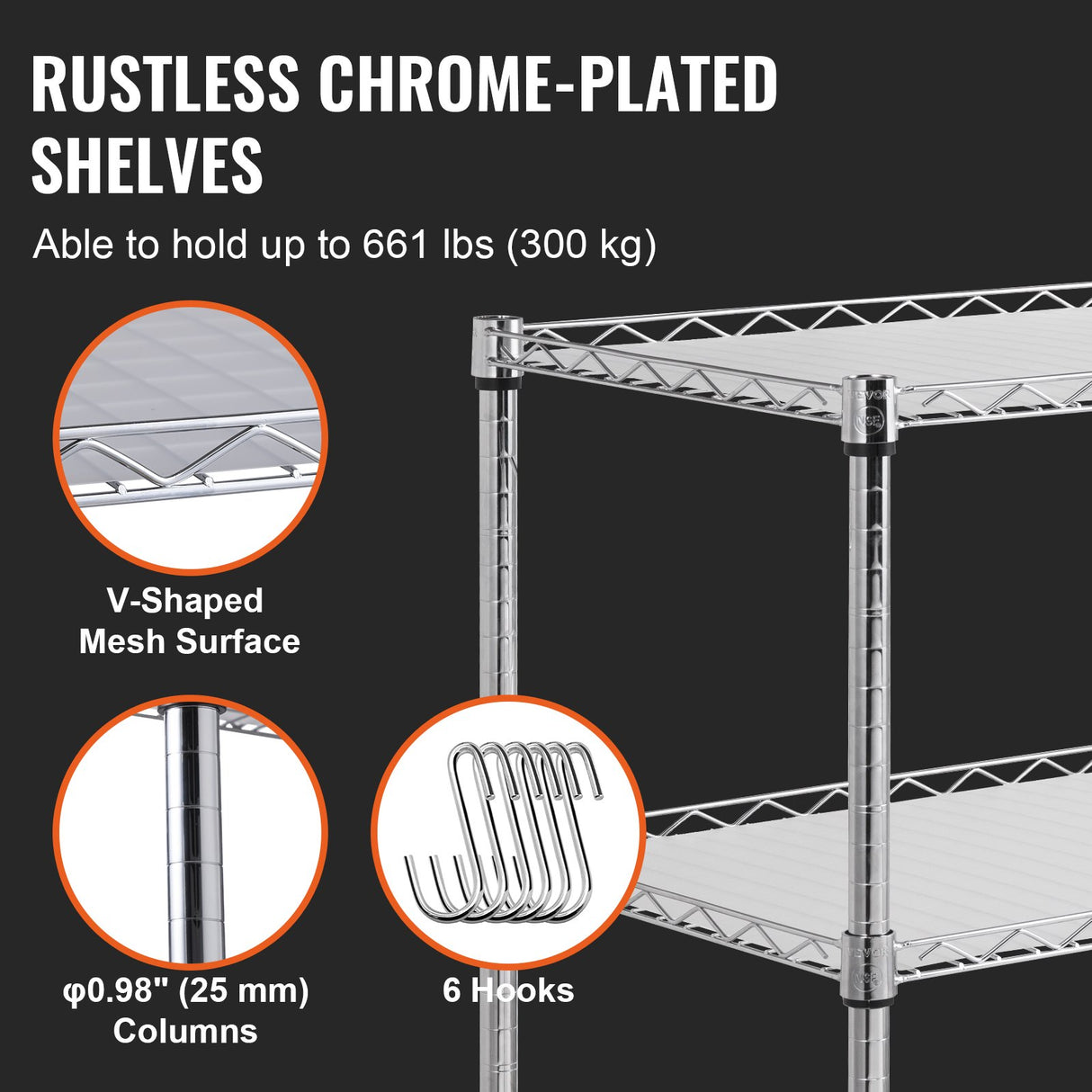 VEVOR Kitchen Utility Cart 3 Tiers Wire Rolling Cart Steel Service Cart on Wheels Metal Storage Trolley with 80mm Basket Curved Handle PP Liner 6 Hooks for Indoor and Outdoor