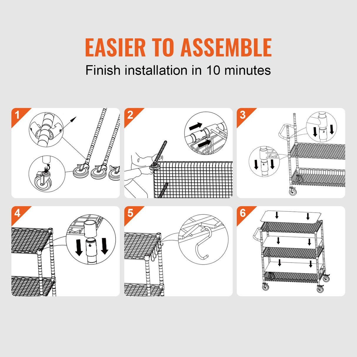 VEVOR Kitchen Utility Cart 3 Tiers Wire Rolling Cart Steel Service Cart on Wheels Metal Storage Trolley with 80mm Basket Curved Handle PP Liner 6 Hooks for Indoor and Outdoor