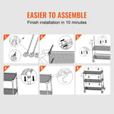VEVOR Kitchen Utility Cart 3 Tiers Wire Rolling Cart Steel Service Cart on Wheels Metal Storage Trolley with 80mm Basket Curved Handle PP Liner 6 Hooks for Indoor and Outdoor - Rear View