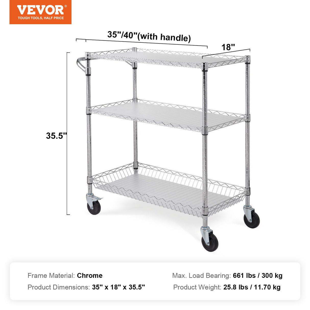 VEVOR Kitchen Utility Cart 3 Tiers Wire Rolling Cart Steel Service Cart on Wheels Metal Storage Trolley with 80mm Basket Curved Handle PP Liner 6 Hooks for Indoor and Outdoor