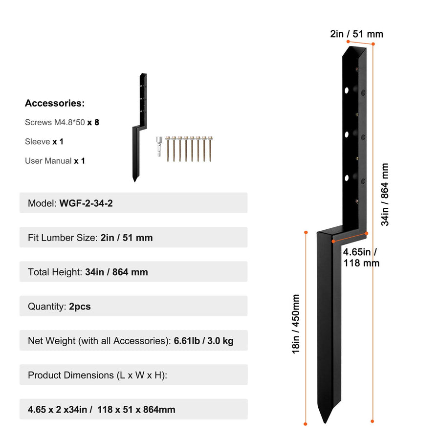 Fence Post Anchor Repair Kit, 2 Pack Inner Diameter 5 x5 cm Heavy Duty Steel Fence Post Support Stakes, Anchor Ground Spike for Repair Tilted, Broken Wood Fence Post