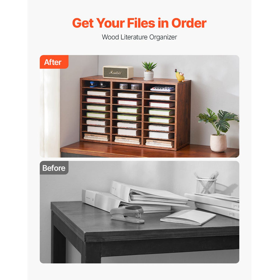 Literature Organizer, 24 Compartments Office Mailbox with Removable Shelves, Wooden Mailbox Sorter Particle Board Office Home Classroom Storage, File Sorter for Documents, Papers, Dark Brown