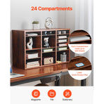 Literature Organizer, 24 Compartments Office Mailbox with Removable Shelves, Wooden Mailbox Sorter Particle Board Office Home Classroom Storage, File Sorter for Documents, Papers, Dark Brown