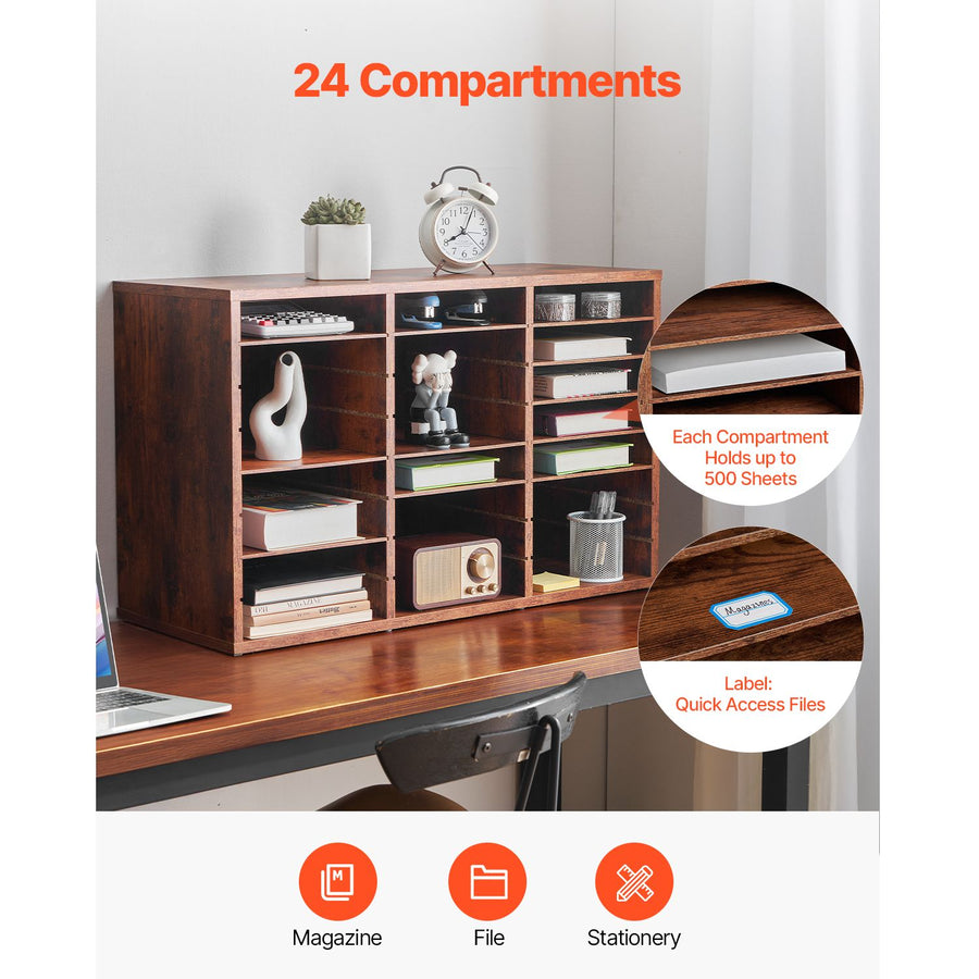 Literature Organizer, 24 Compartments Office Mailbox with Removable Shelves, Wooden Mailbox Sorter Particle Board Office Home Classroom Storage, File Sorter for Documents, Papers, Dark Brown