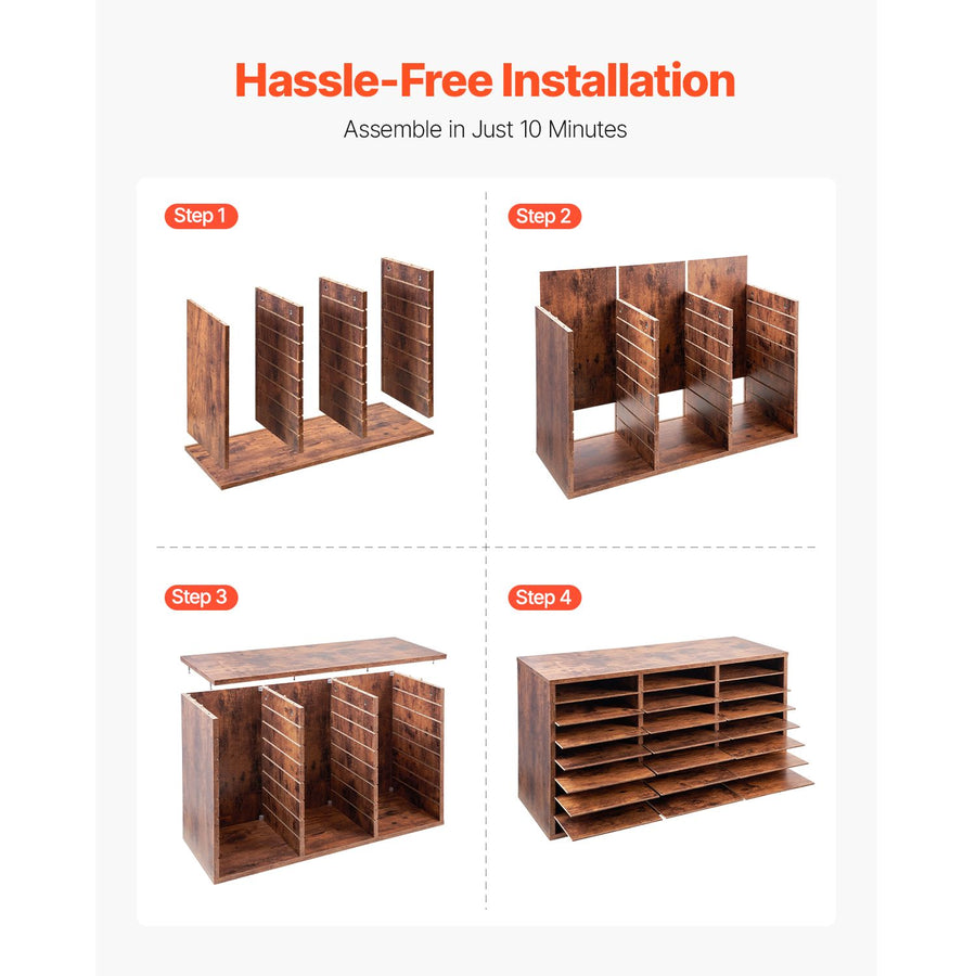 Literature Organizer, 24 Compartments Office Mailbox with Removable Shelves, Wooden Mailbox Sorter Particle Board Office Home Classroom Storage, File Sorter for Documents, Papers, Dark Brown