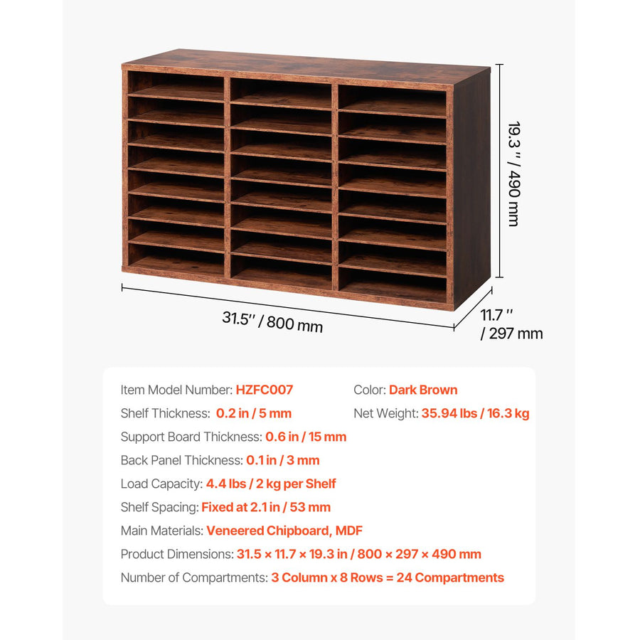 Literature Organizer, 24 Compartments Office Mailbox with Removable Shelves, Wooden Mailbox Sorter Particle Board Office Home Classroom Storage, File Sorter for Documents, Papers, Dark Brown
