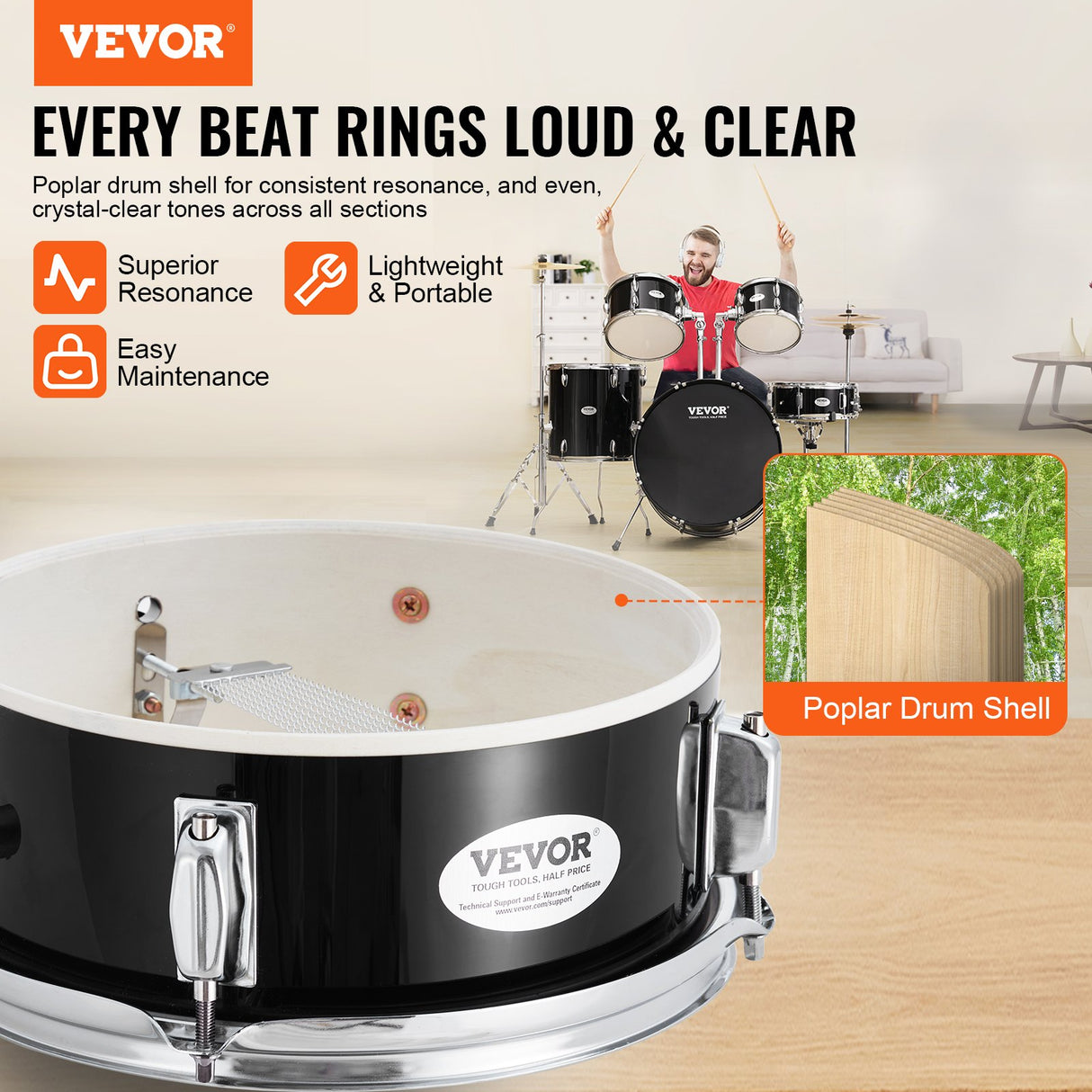 VEVOR Adult Drum Set, 5-Piece, 558.8 mm Complete Full Size Drum Kit with Bass Toms Snare Floor Drum Adjustable Throne Stands Cymbal Hi-Hat Pedal and Drumsticks, Beginner Drum Kit for Adults, Black
