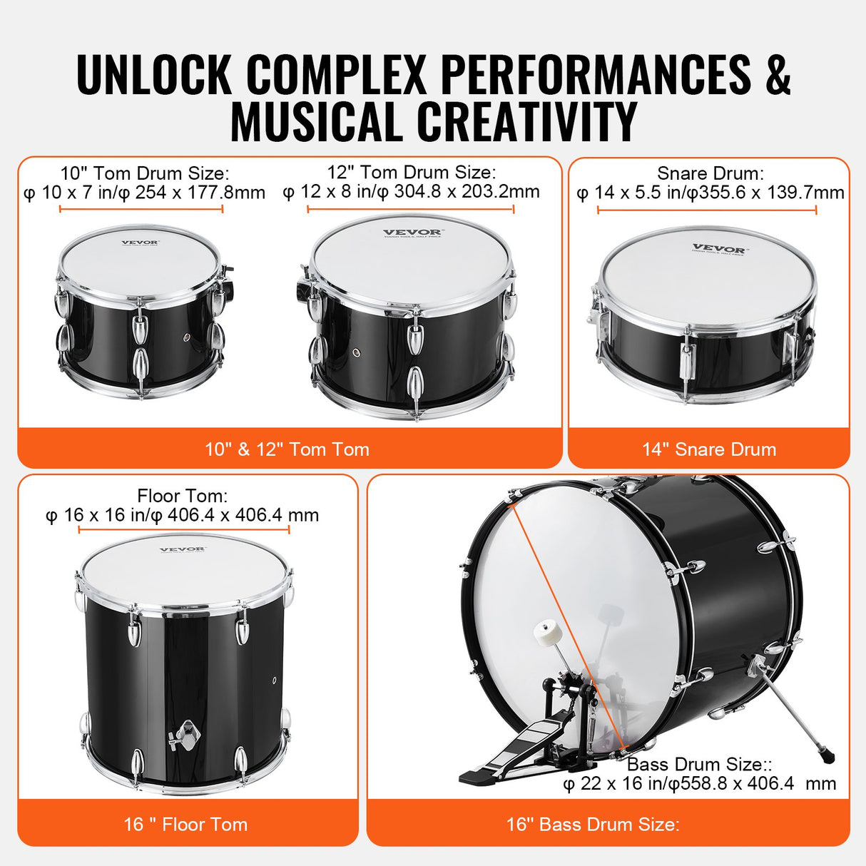 VEVOR Adult Drum Set, 5-Piece, 558.8 mm Complete Full Size Drum Kit with Bass Toms Snare Floor Drum Adjustable Throne Stands Cymbal Hi-Hat Pedal and Drumsticks, Beginner Drum Kit for Adults, Black
