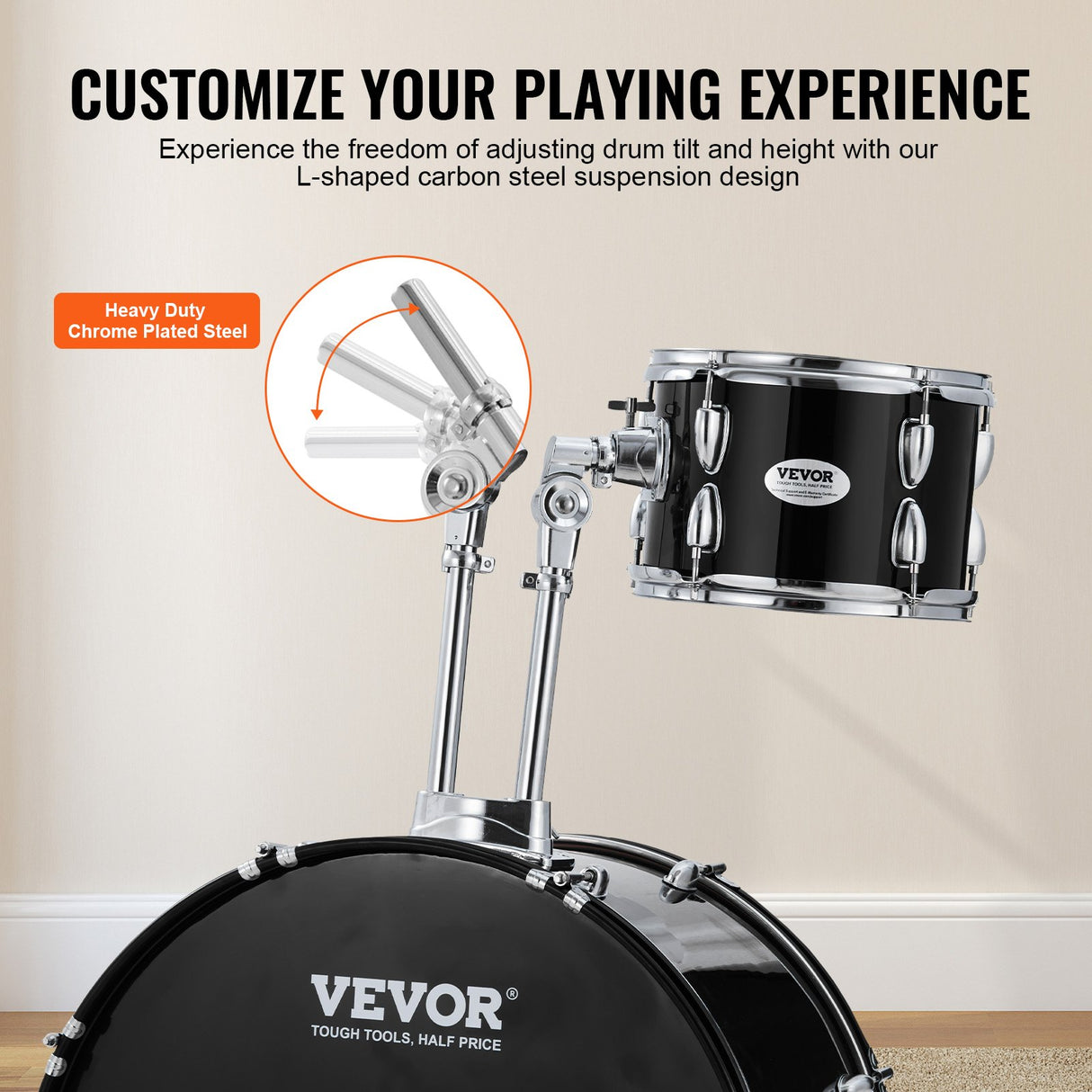 VEVOR Adult Drum Set, 5-Piece, 558.8 mm Complete Full Size Drum Kit with Bass Toms Snare Floor Drum Adjustable Throne Stands Cymbal Hi-Hat Pedal and Drumsticks, Beginner Drum Kit for Adults, Black