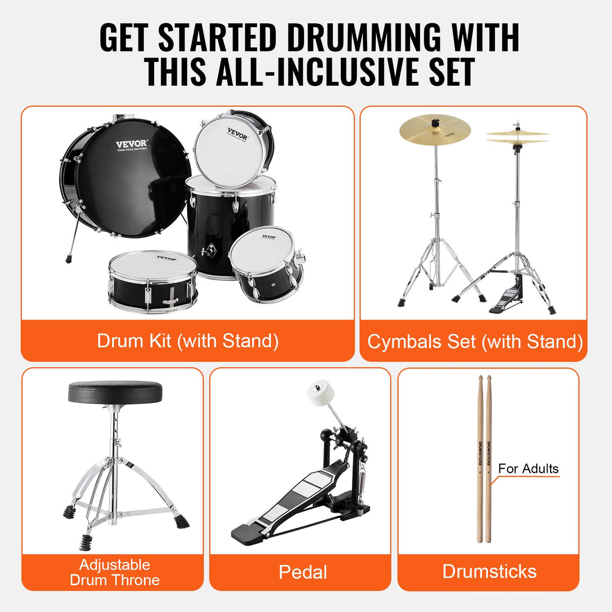 VEVOR Adult Drum Set, 5-Piece, 558.8 mm Complete Full Size Drum Kit with Bass Toms Snare Floor Drum Adjustable Throne Stands Cymbal Hi-Hat Pedal and Drumsticks, Beginner Drum Kit for Adults, Black