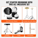 VEVOR Adult Drum Set, 5-Piece, 558.8 mm Complete Full Size Drum Kit with Bass Toms Snare Floor Drum Adjustable Throne Stands Cymbal Hi-Hat Pedal and Drumsticks, Beginner Drum Kit for Adults, Black - Rear View
