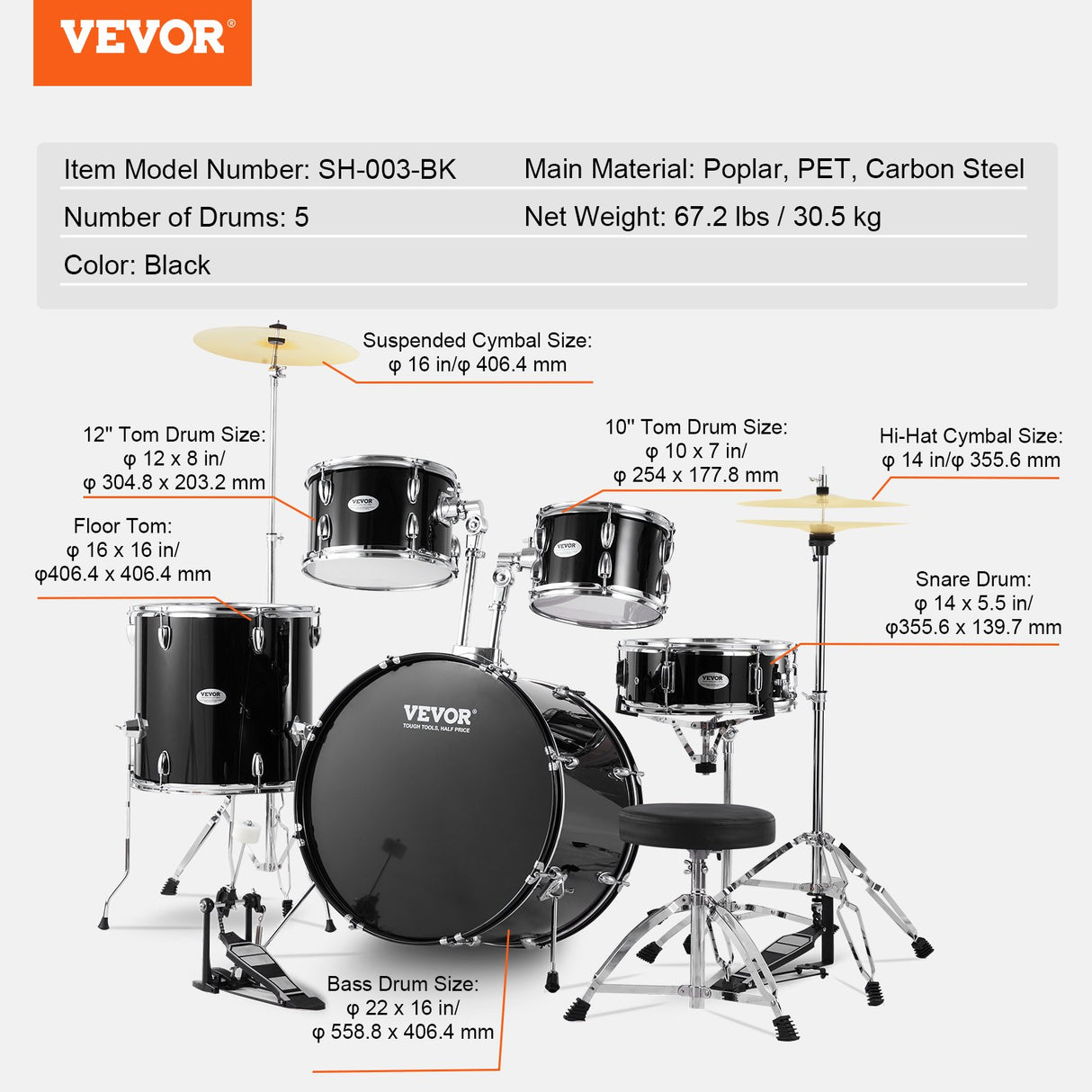 VEVOR Adult Drum Set, 5-Piece, 558.8 mm Complete Full Size Drum Kit with Bass Toms Snare Floor Drum Adjustable Throne Stands Cymbal Hi-Hat Pedal and Drumsticks, Beginner Drum Kit for Adults, Black