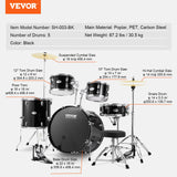 VEVOR Adult Drum Set, 5-Piece, 558.8 mm Complete Full Size Drum Kit with Bass Toms Snare Floor Drum Adjustable Throne Stands Cymbal Hi-Hat Pedal and Drumsticks, Beginner Drum Kit for Adults, Black - Close-Up Angle