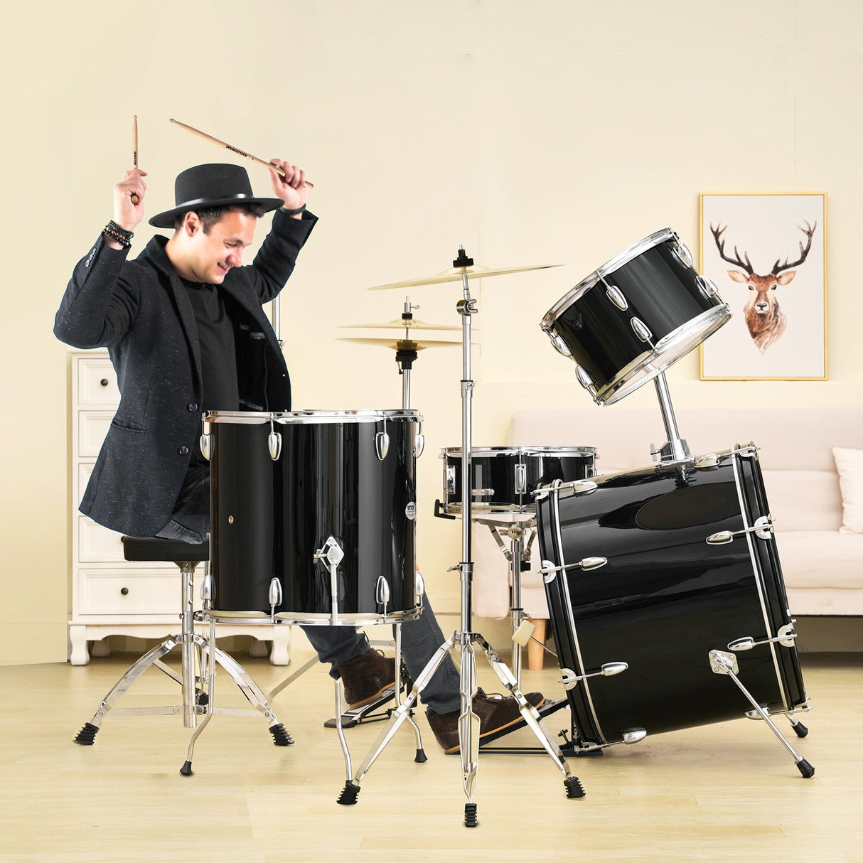 VEVOR Adult Drum Set, 5-Piece, 558.8 mm Complete Full Size Drum Kit with Bass Toms Snare Floor Drum Adjustable Throne Stands Cymbal Hi-Hat Pedal and Drumsticks, Beginner Drum Kit for Adults, Black