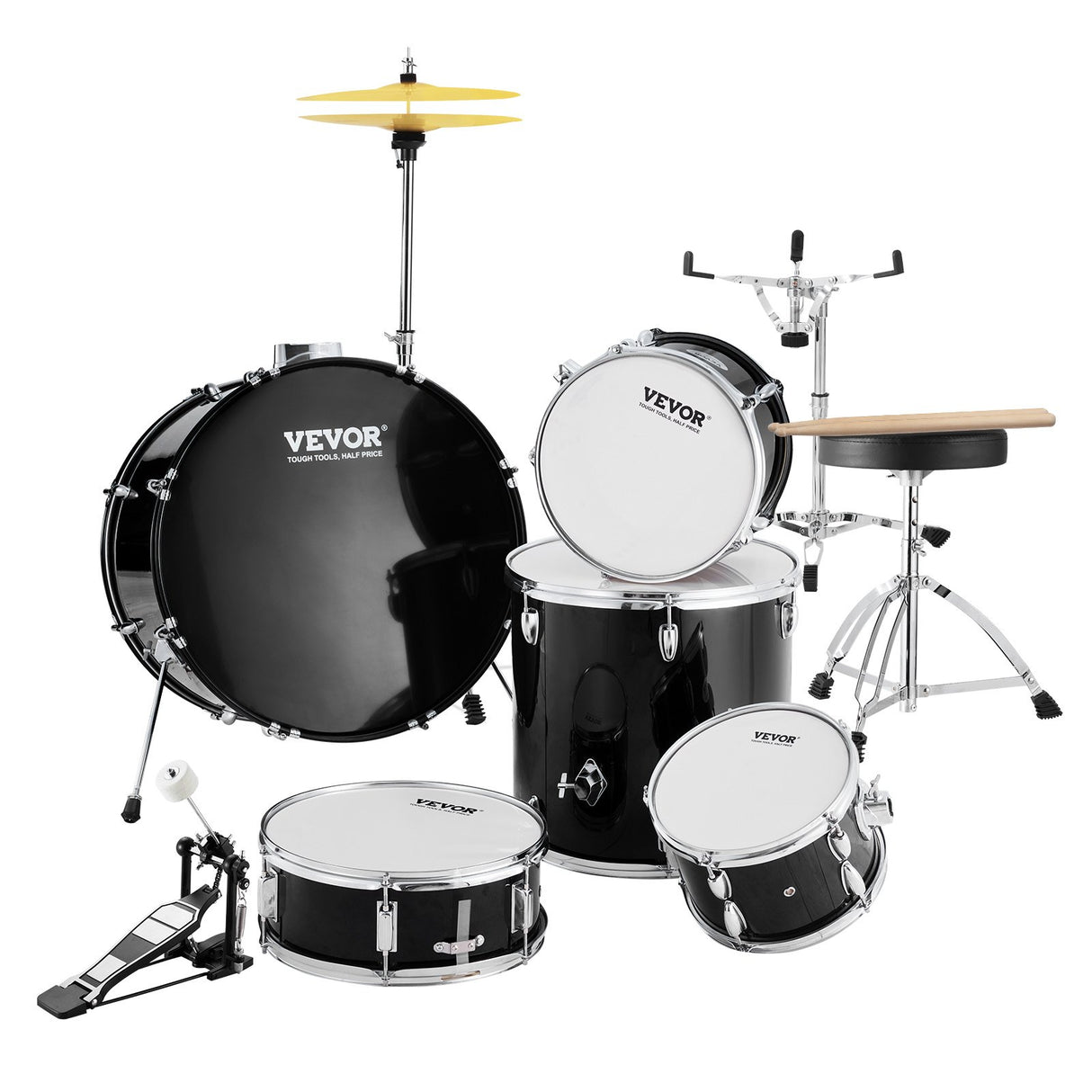 VEVOR Adult Drum Set, 5-Piece, 558.8 mm Complete Full Size Drum Kit with Bass Toms Snare Floor Drum Adjustable Throne Stands Cymbal Hi-Hat Pedal and Drumsticks, Beginner Drum Kit for Adults, Black