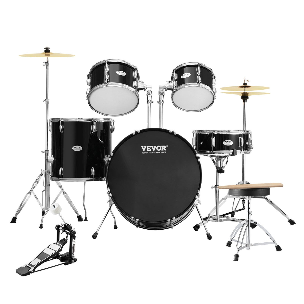 VEVOR Adult Drum Set, 5-Piece, 558.8 mm Complete Full Size Drum Kit with Bass Toms Snare Floor Drum Adjustable Throne Stands Cymbal Hi-Hat Pedal and Drumsticks, Beginner Drum Kit for Adults, Black