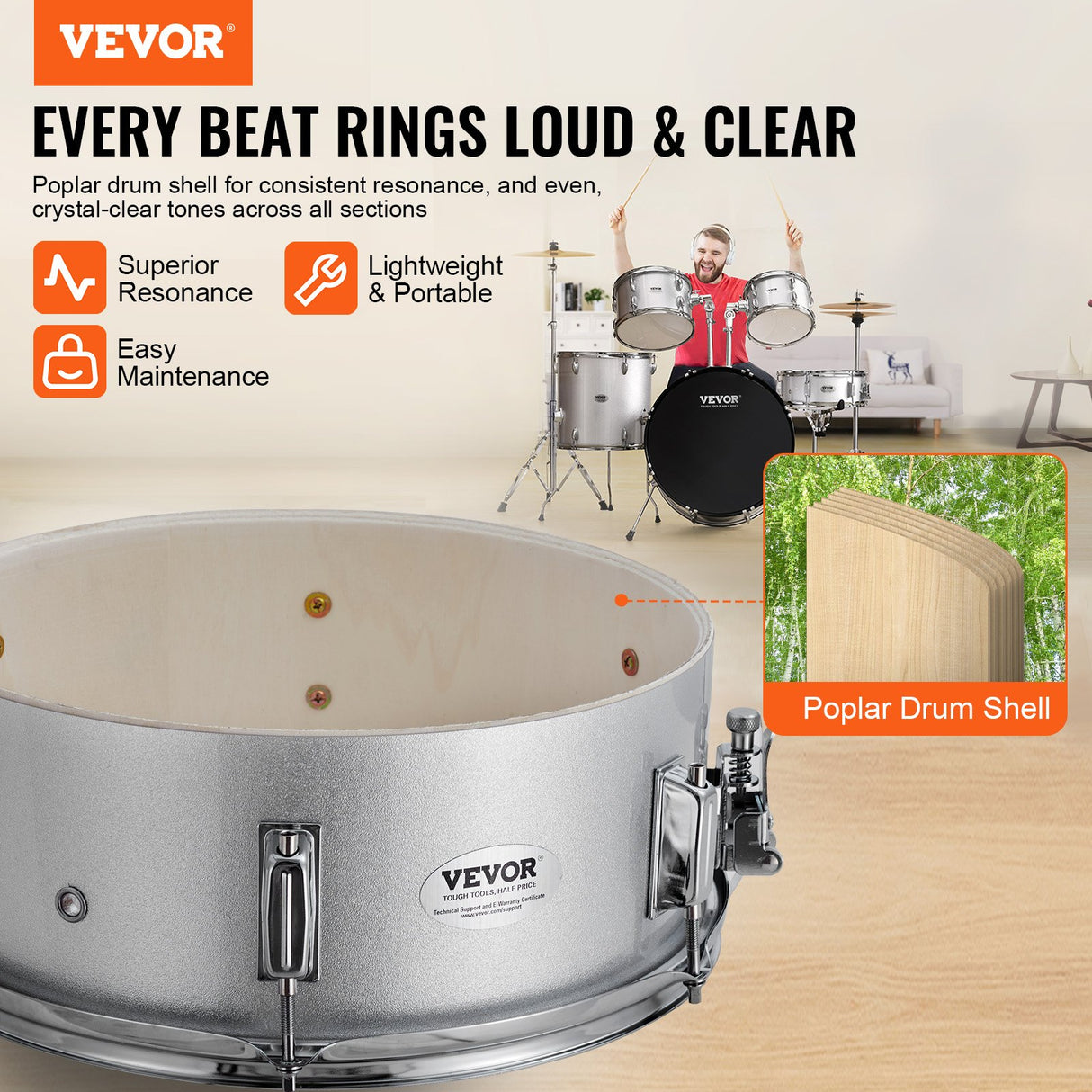 VEVOR Adult Drum Set, 5-Piece, 558.8 mm Complete Full Size Drum Kit with Bass Toms Snare Floor Drum Adjustable Throne Stands Cymbal Hi-Hat Pedal and Drumsticks, Beginner Drum Kit for Adults, Silver