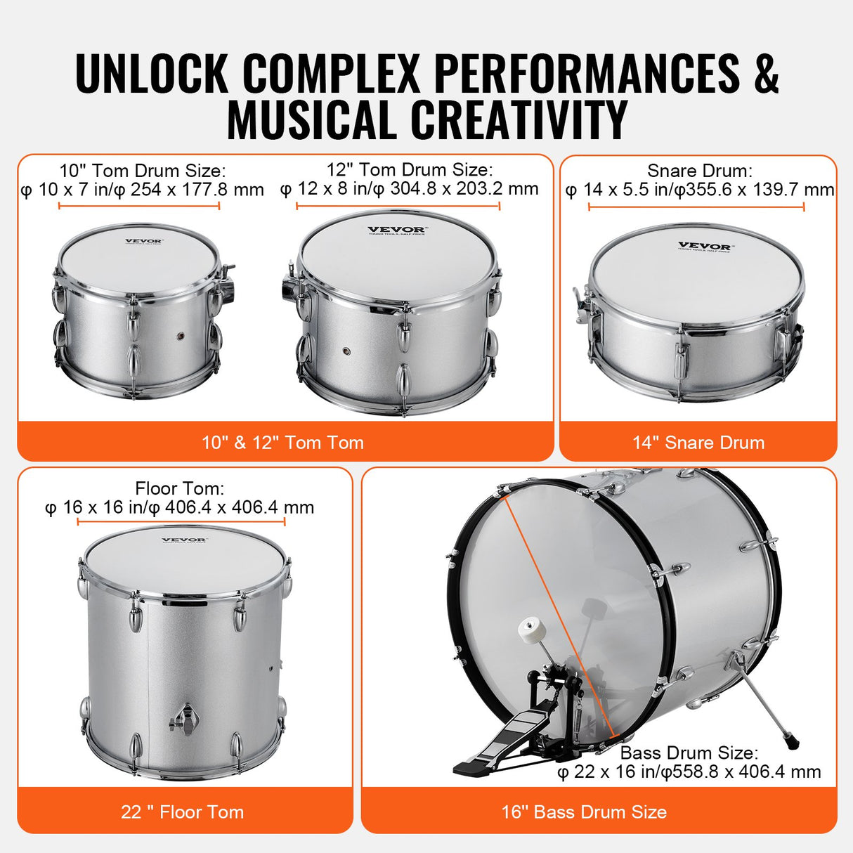 VEVOR Adult Drum Set, 5-Piece, 558.8 mm Complete Full Size Drum Kit with Bass Toms Snare Floor Drum Adjustable Throne Stands Cymbal Hi-Hat Pedal and Drumsticks, Beginner Drum Kit for Adults, Silver