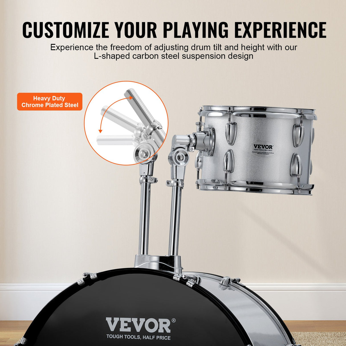 VEVOR Adult Drum Set, 5-Piece, 558.8 mm Complete Full Size Drum Kit with Bass Toms Snare Floor Drum Adjustable Throne Stands Cymbal Hi-Hat Pedal and Drumsticks, Beginner Drum Kit for Adults, Silver