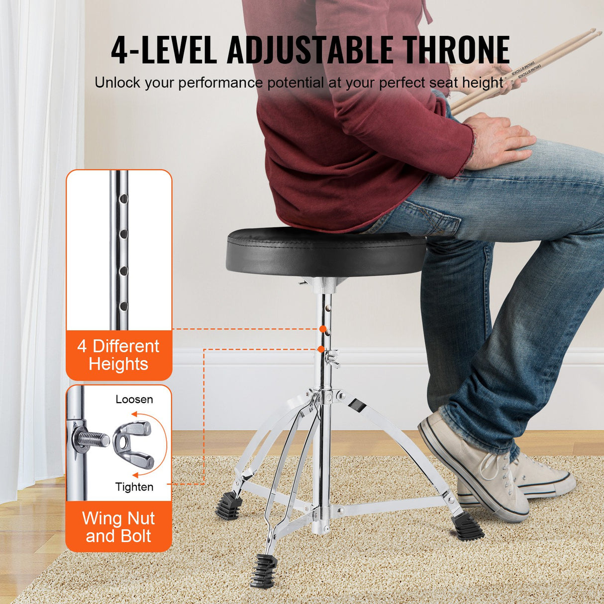 VEVOR Adult Drum Set, 5-Piece, 558.8 mm Complete Full Size Drum Kit with Bass Toms Snare Floor Drum Adjustable Throne Stands Cymbal Hi-Hat Pedal and Drumsticks, Beginner Drum Kit for Adults, Silver