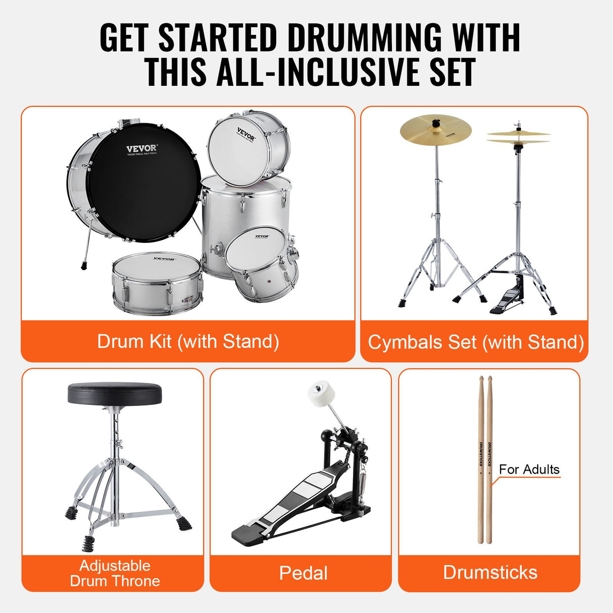 VEVOR Adult Drum Set, 5-Piece, 558.8 mm Complete Full Size Drum Kit with Bass Toms Snare Floor Drum Adjustable Throne Stands Cymbal Hi-Hat Pedal and Drumsticks, Beginner Drum Kit for Adults, Silver