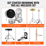 VEVOR Adult Drum Set, 5-Piece, 558.8 mm Complete Full Size Drum Kit with Bass Toms Snare Floor Drum Adjustable Throne Stands Cymbal Hi-Hat Pedal and Drumsticks, Beginner Drum Kit for Adults, Silver - Rear View