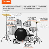 VEVOR Adult Drum Set, 5-Piece, 558.8 mm Complete Full Size Drum Kit with Bass Toms Snare Floor Drum Adjustable Throne Stands Cymbal Hi-Hat Pedal and Drumsticks, Beginner Drum Kit for Adults, Silver - Close-Up Angle
