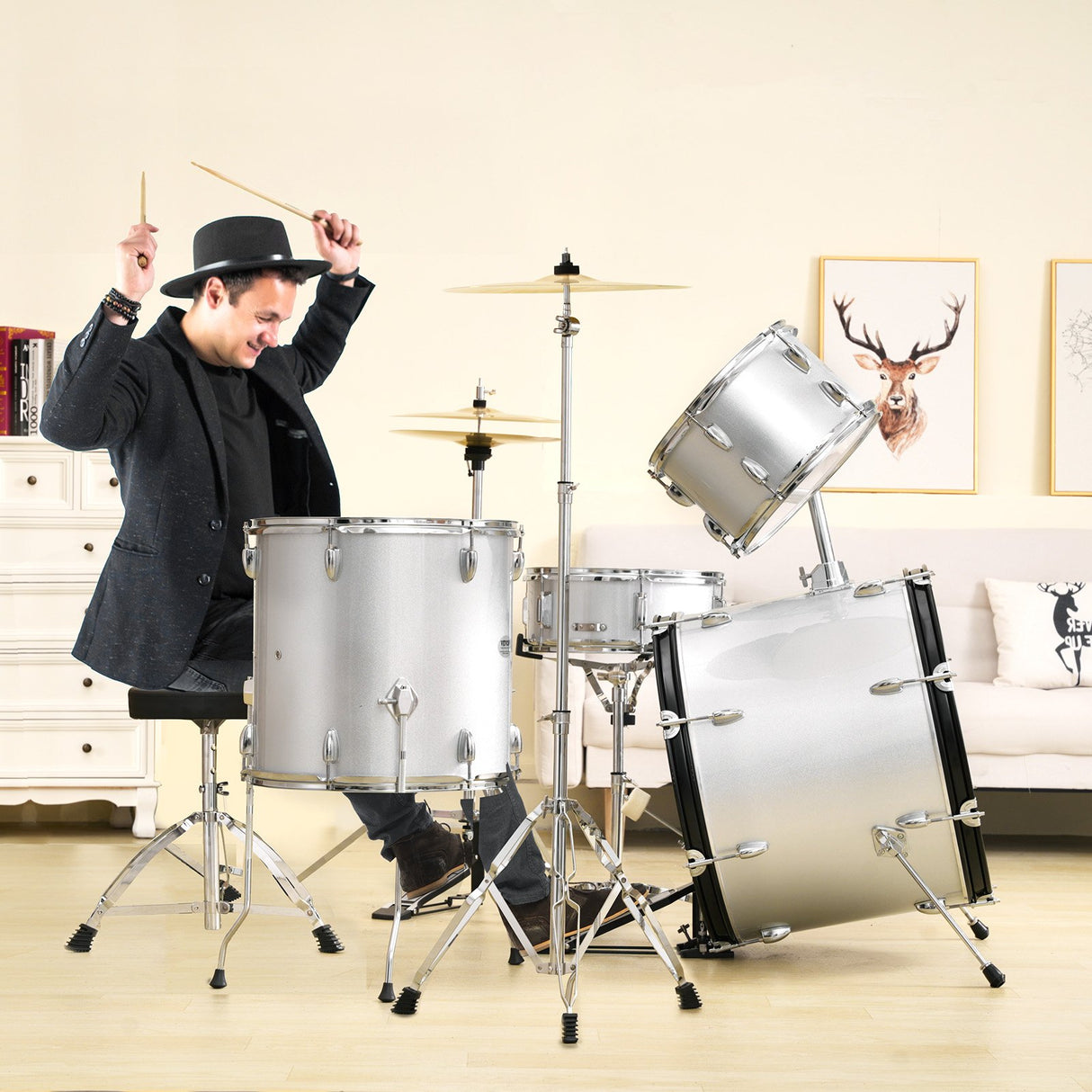 VEVOR Adult Drum Set, 5-Piece, 558.8 mm Complete Full Size Drum Kit with Bass Toms Snare Floor Drum Adjustable Throne Stands Cymbal Hi-Hat Pedal and Drumsticks, Beginner Drum Kit for Adults, Silver
