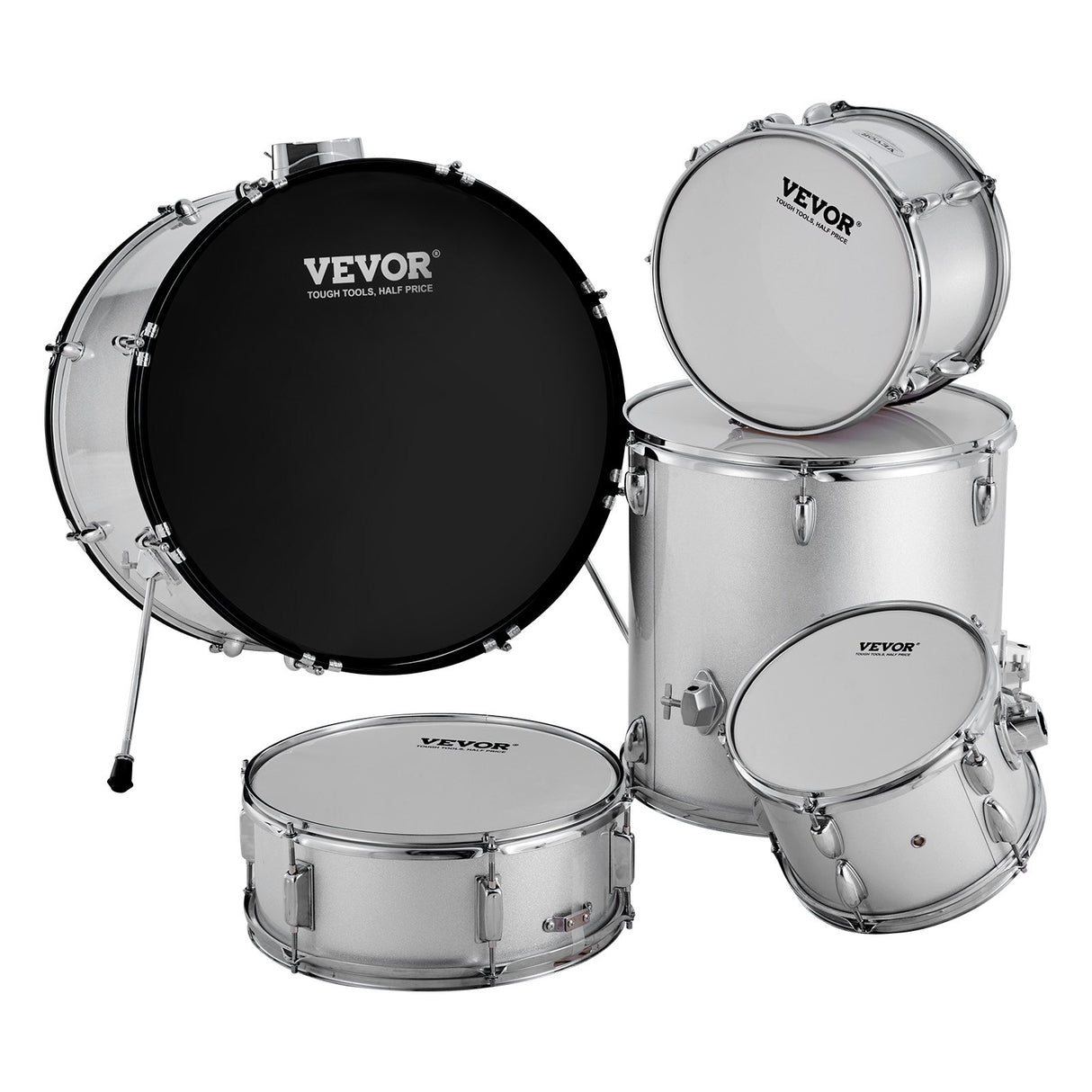 VEVOR Adult Drum Set, 5-Piece, 558.8 mm Complete Full Size Drum Kit with Bass Toms Snare Floor Drum Adjustable Throne Stands Cymbal Hi-Hat Pedal and Drumsticks, Beginner Drum Kit for Adults, Silver