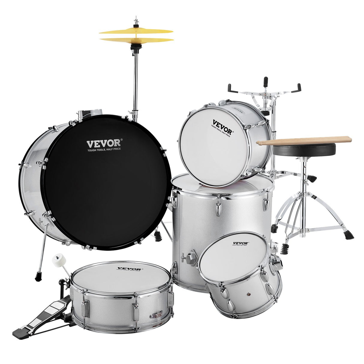 VEVOR Adult Drum Set, 5-Piece, 558.8 mm Complete Full Size Drum Kit with Bass Toms Snare Floor Drum Adjustable Throne Stands Cymbal Hi-Hat Pedal and Drumsticks, Beginner Drum Kit for Adults, Silver