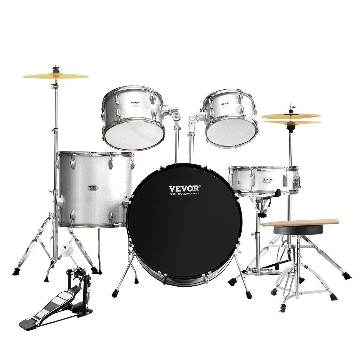 VEVOR Adult Drum Set, 5-Piece, 558.8 mm Complete Full Size Drum Kit with Bass Toms Snare Floor Drum Adjustable Throne Stands Cymbal Hi-Hat Pedal and Drumsticks, Beginner Drum Kit for Adults, Silver