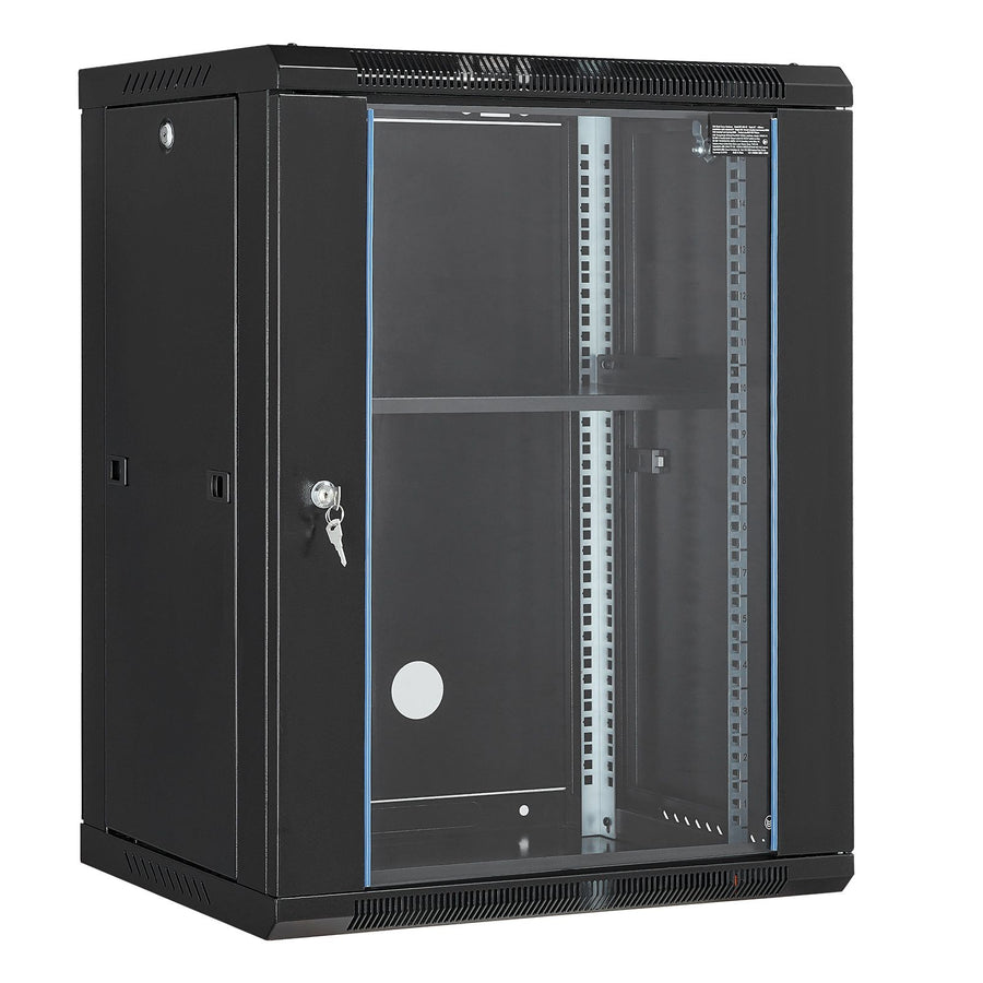 15U Wall Mount Network Cabinet, 226.8 kg Max. Ground Load Capacity, Server Rack Cabinet Enclosure with Locking Tempered Glass Door, Side Panels, Q235 Carbon Steel, for IT Equipment, A/V Devices