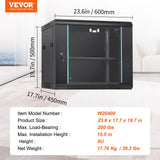 VEVOR 9U Wall Mount Network Server Cabinet, 39.37 cm Deep, Server Rack Cabinet Enclosure, 90.7 kg Max. Ground-mounted Load Capacity, with Locking Glass Door Side Panels, for IT Equipment, A/V Devices - Close-Up Angle