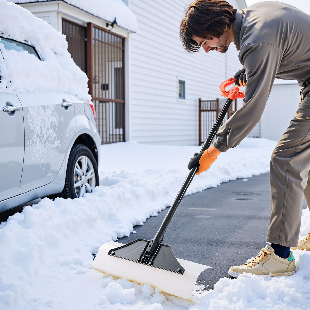 Snow Pusher Shovel, 61 cm Wide Outdoor Snowplow Shovel with Ergonomic Grip, HDPE Plastic Blade, Winter Shovels with Segmented Handle, Portable Snow Removal Tool for Driveway Garden Camping