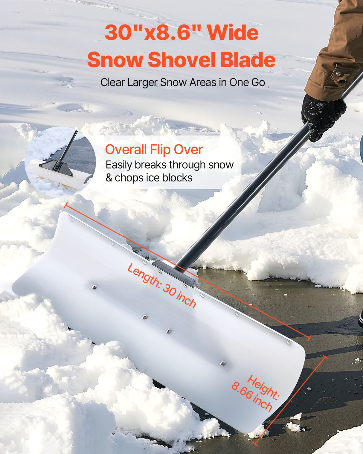 VEVOR Snow Pusher Shovel, 76.2 cm Outdoor Snowplow Shovel with Ergonomic Grip, HDPE Plastic Blade, Winter Shovels with Segmented Handle, Metal Edged Strip, Portable Snow Removal Tool for Driveway