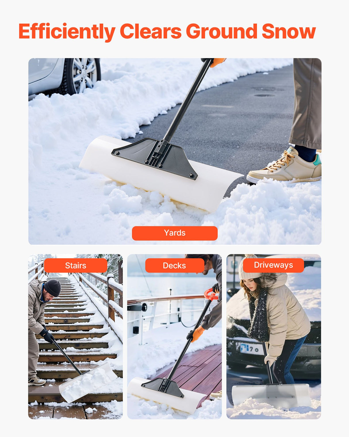Snow Pusher Shovel, 76.2 cm Outdoor Snowplow Shovel with Ergonomic Grip, HDPE Plastic Blade, Winter Shovels with Segmented Handle, Metal Edged Strip, Portable Snow Removal Tool for Driveway
