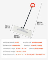 VEVOR Snow Pusher Shovel, 76.2 cm Outdoor Snowplow Shovel with Ergonomic Grip, HDPE Plastic Blade, Winter Shovels with Segmented Handle, Metal Edged Strip, Portable Snow Removal Tool for Driveway - Close-Up Angle