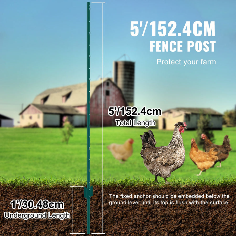 VEVOR 5 Feet Fence Post 10 Pack T-Post Heavy Duty Metal Fence Posts Green, image 3