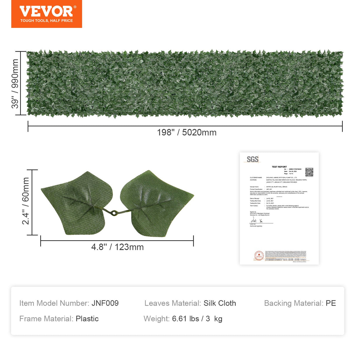 VEVOR Ivy Privacy Fence, 39 x 198in Artificial Green Wall Screen, Greenery Ivy Fence with Mesh Cloth Backing and Strengthened Joint, Faux Hedges Vine
