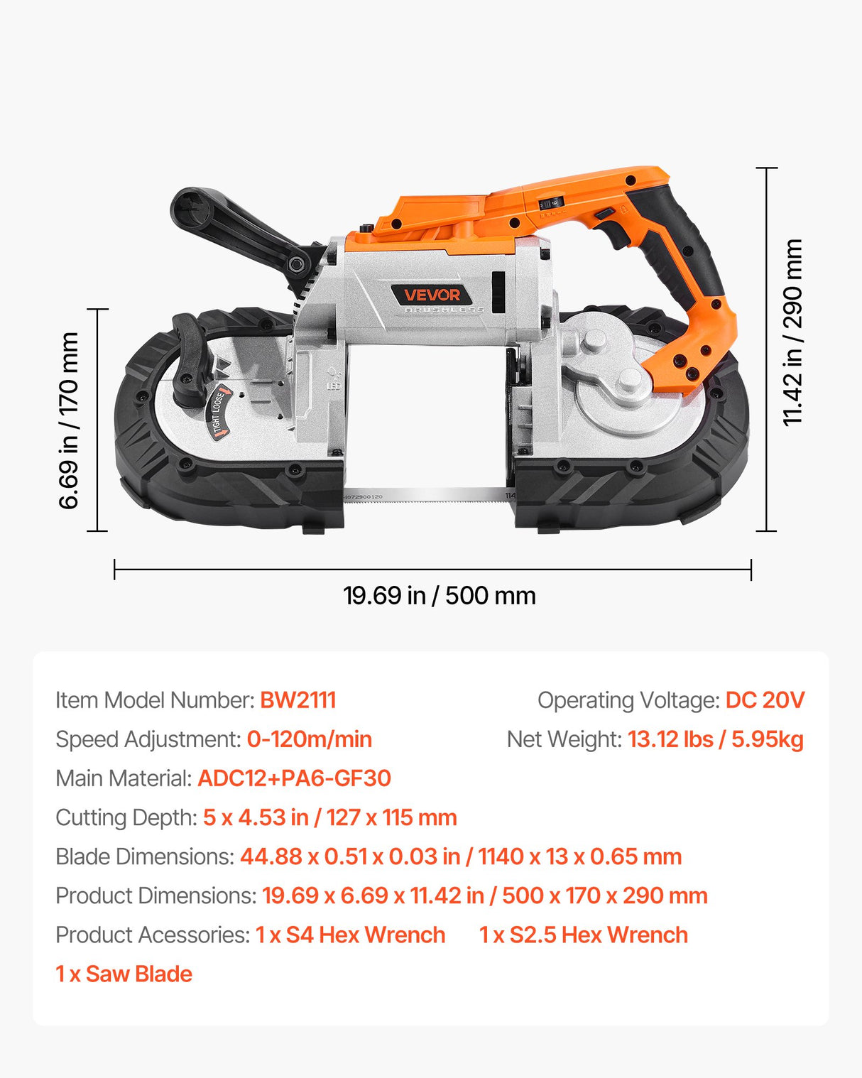VEVOR Portable Cordless Band Saw 5-Inch Deep Cut Variable Speed (Bare Tool)
