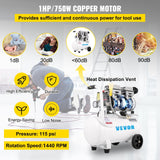 VEVOR Air Compressor 6.6 Gallon, Portable Air Compressor 1 HP, Oil Free Air Compressor Steel Tank 750W,  Pancake Air Compressor 115 PSI, Ultra Quiet Compressor for Home Repair, Tire Inflation - Side View