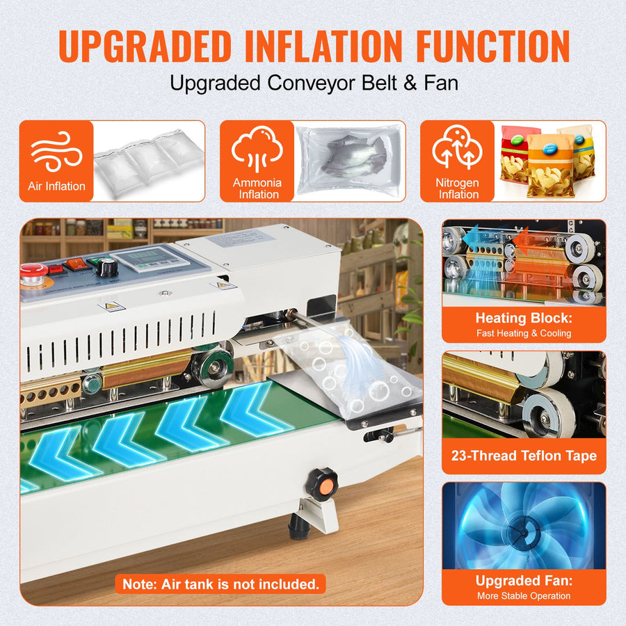 Continuous Bag Band Sealing Machine, 6-12 mm Seal Width, Horizontal Band Sealer Machine with Digital Temperature Control, Bag Sealer for 0.02-0.8 mm Plastic Bags Films with Inflation Function