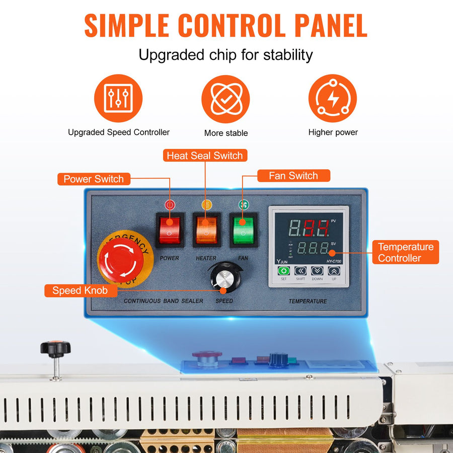 Continuous Bag Band Sealing Machine, 6-12 mm Seal Width, Horizontal Band Sealer Machine with Digital Temperature Control, Bag Sealer for 0.02-0.8 mm Plastic Bags Films with Inflation Function