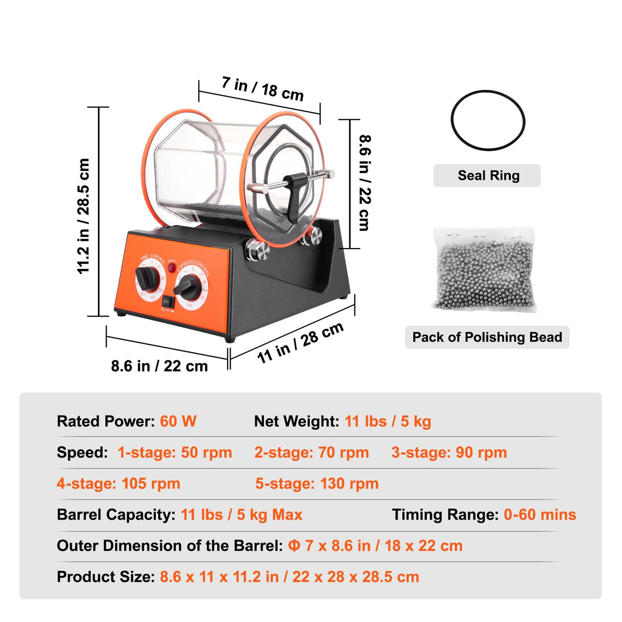 VEVOR Jewelry Polisher Tumbler, 11lbs/5kg Capacity Mini Rotary Tumbler Machine with 0-60 Minutes Timer, 5 Speeds Jewelry Rotary Finisher for Surface Polishing Grinding Buffing Gemstones Jewels Coins