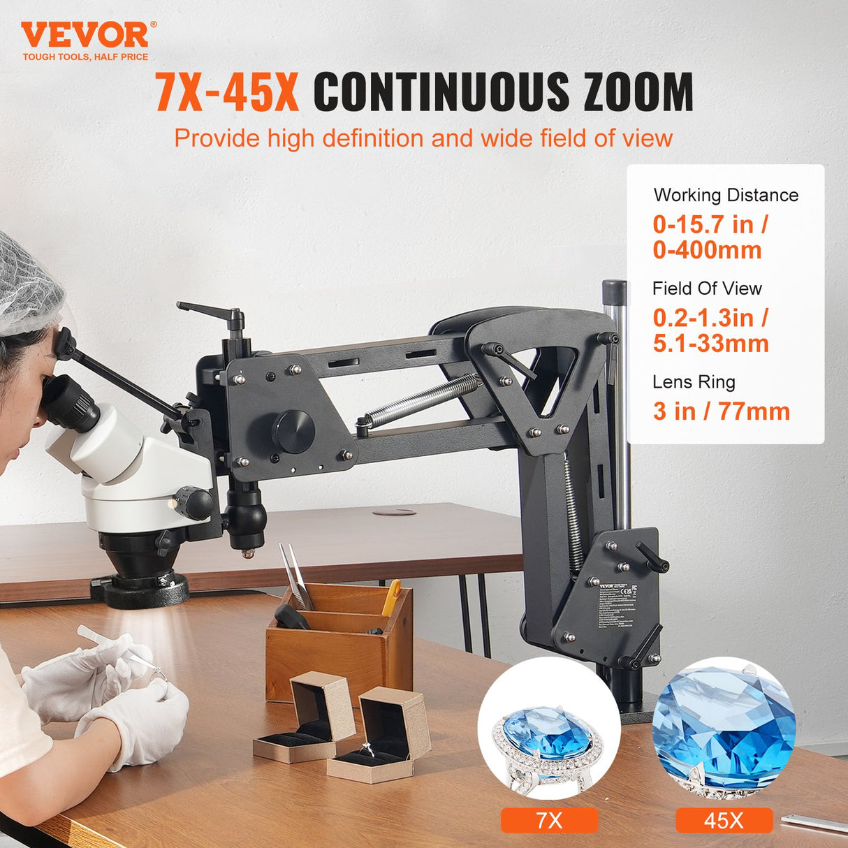 Multi-Directional Microscope with Spring Bracket, 7X-45X Magnification Jewelry Microscope, Micro Jewelry Inlaid Stand with Integrated USB Ring LED Light, Jewelers Microscope for Jewelry Inlay