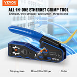 VEVOR RJ45 Crimp Tool Kit, Cat5e/Cat6/Cat6a Ethernet Crimper Crimp Pliers for 8-Pin Modular Plugs with 20pcs Pass-Through Connectors and Covers, Wire Stripper and Network Tester - Front View
