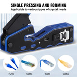 VEVOR RJ45 Crimp Tool Kit, Cat5e/Cat6/Cat6a Ethernet Crimper Crimp Pliers for 8-Pin Modular Plugs with 20pcs Pass-Through Connectors and Covers, Wire Stripper and Network Tester - Side View