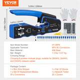 VEVOR RJ45 Crimp Tool Kit, Cat5e/Cat6/Cat6a Ethernet Crimper Crimp Pliers for 8-Pin Modular Plugs with 20pcs Pass-Through Connectors and Covers, Wire Stripper and Network Tester - Close-Up Angle