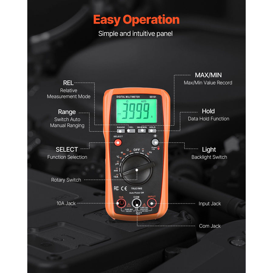 Digital Multimeter, 4000-Count TRMS DC/AC Voltmeter Current Tester, Auto-Ranging Multimeter for Current Voltage Resistance Capacitance Temperature Diodes Continuity Duty-Cycle Measurments