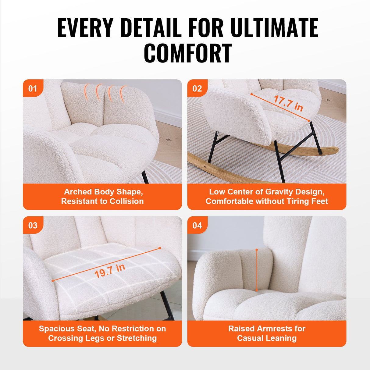 VEVOR Nursery Rocking Chair, 250 lbs Weight Capacity Teddy Fabric Upholstered Glider Rocker Chair with Soft Seat and High Backrest, Nursing Chair for